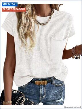 Womens Cotton Ribbed Knit Short Sleeve Pullover Sweater Cap Sleeve Loose Fit